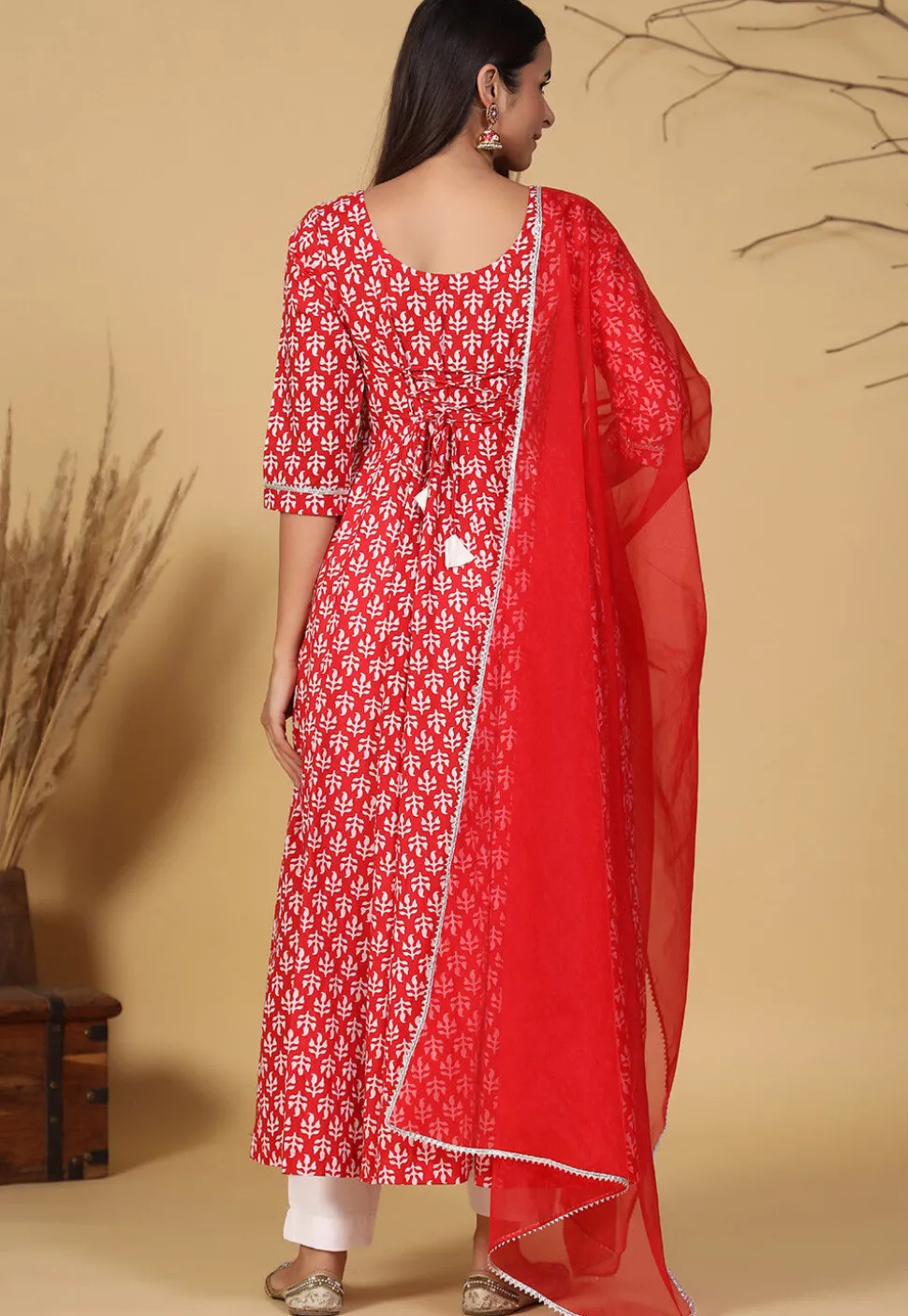 Printed Pure Cotton A Line Suit in Red