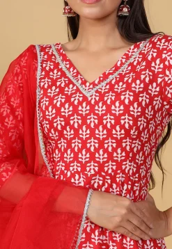 Printed Pure Cotton A Line Suit in Red