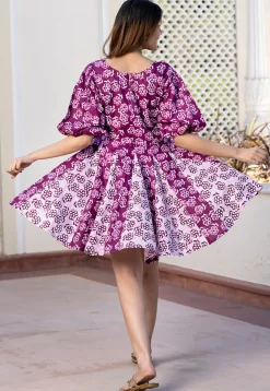 Printed Pure Cotton A Line Dress in Purple and White