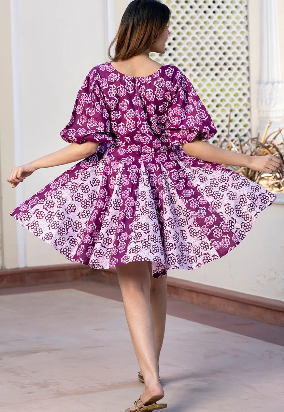 Printed Pure Cotton A Line Dress in Purple and White