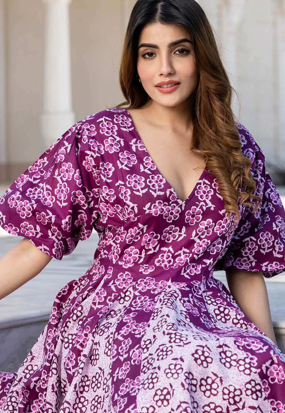Printed Pure Cotton A Line Dress in Purple and White