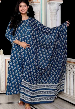 Printed Pure Cotton A Line Suit in Dark Blue