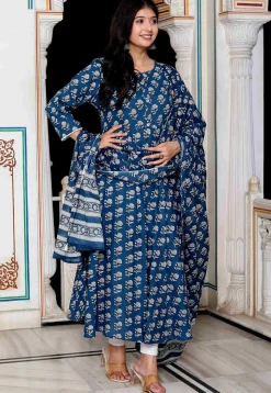 Printed Pure Cotton A Line Suit in Dark Blue