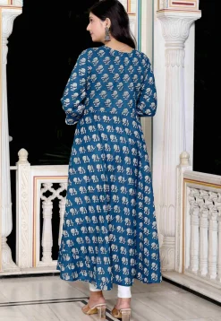 Printed Pure Cotton A Line Suit in Dark Blue