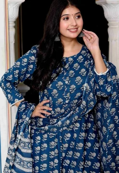 Printed Pure Cotton A Line Suit in Dark Blue