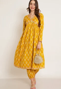 Printed Pure Cotton Alia Cut Punjabi Suit in Dark Yellow