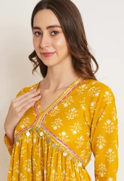Printed Pure Cotton Alia Cut Punjabi Suit in Dark Yellow