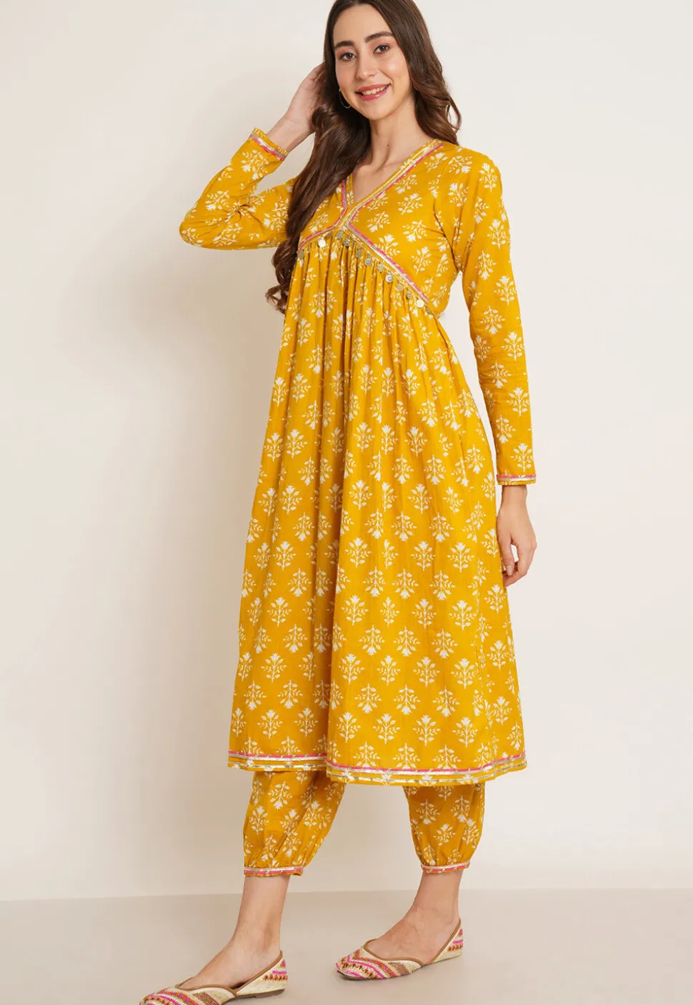 Printed Pure Cotton Alia Cut Punjabi Suit in Dark Yellow