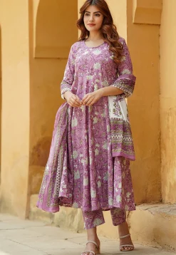 Printed Pure Cotton Aline Suit in Purple