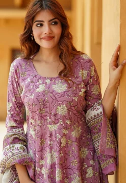 Printed Pure Cotton Aline Suit in Purple