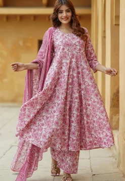 Printed Pure Cotton Aline Suit in Pink and White