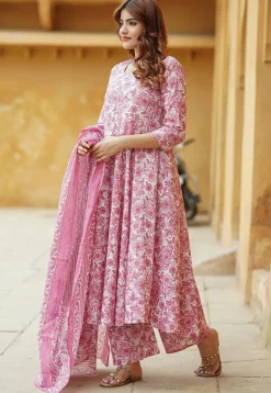 Printed Pure Cotton Aline Suit in Pink and White