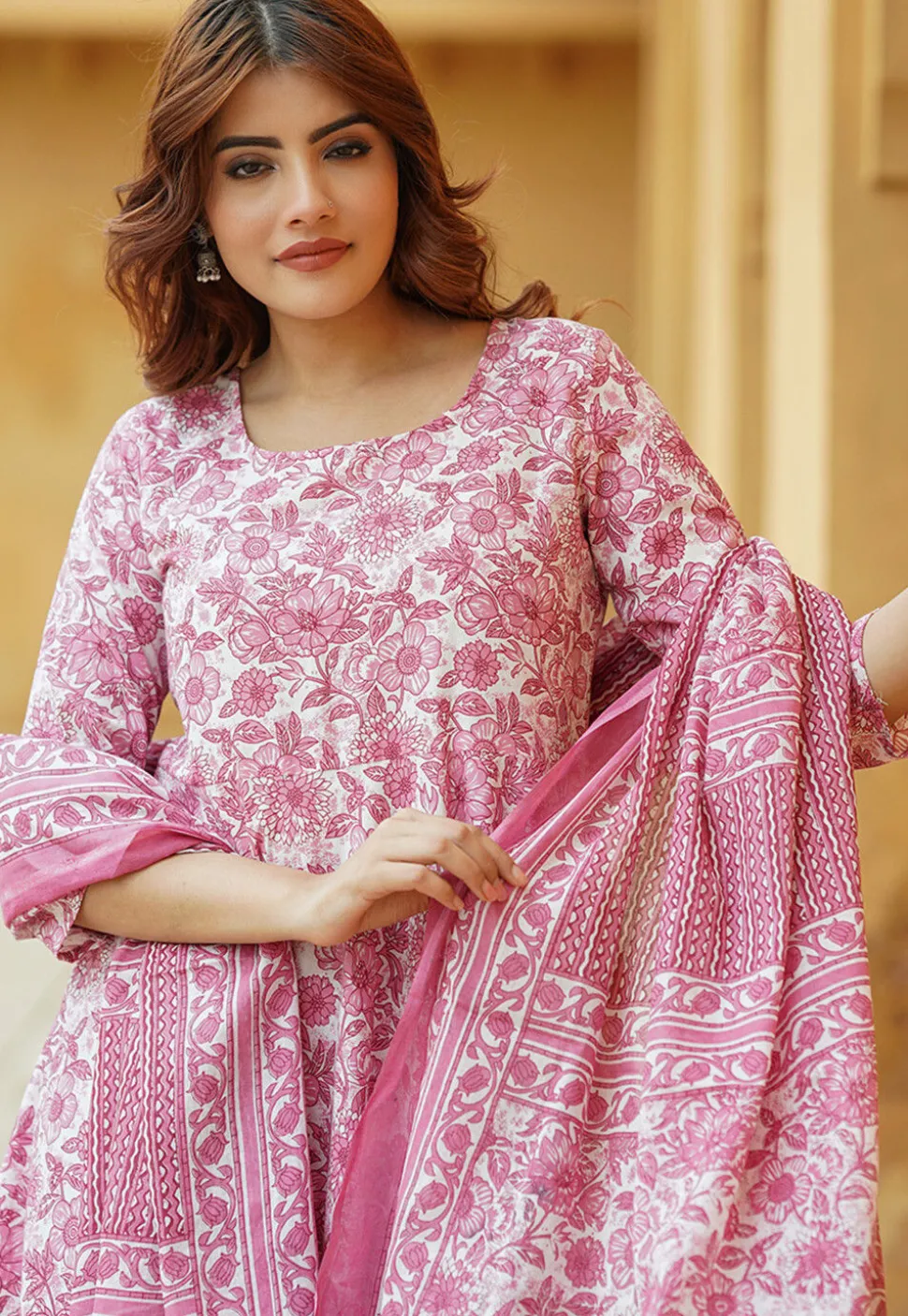Printed Pure Cotton Aline Suit in Pink and White