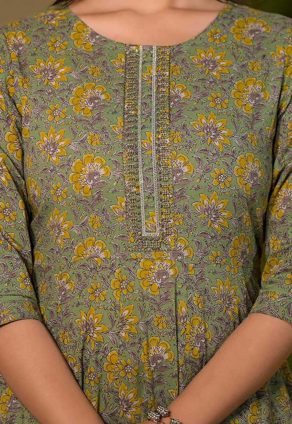 Printed Pure Cotton Aline Suit in Green