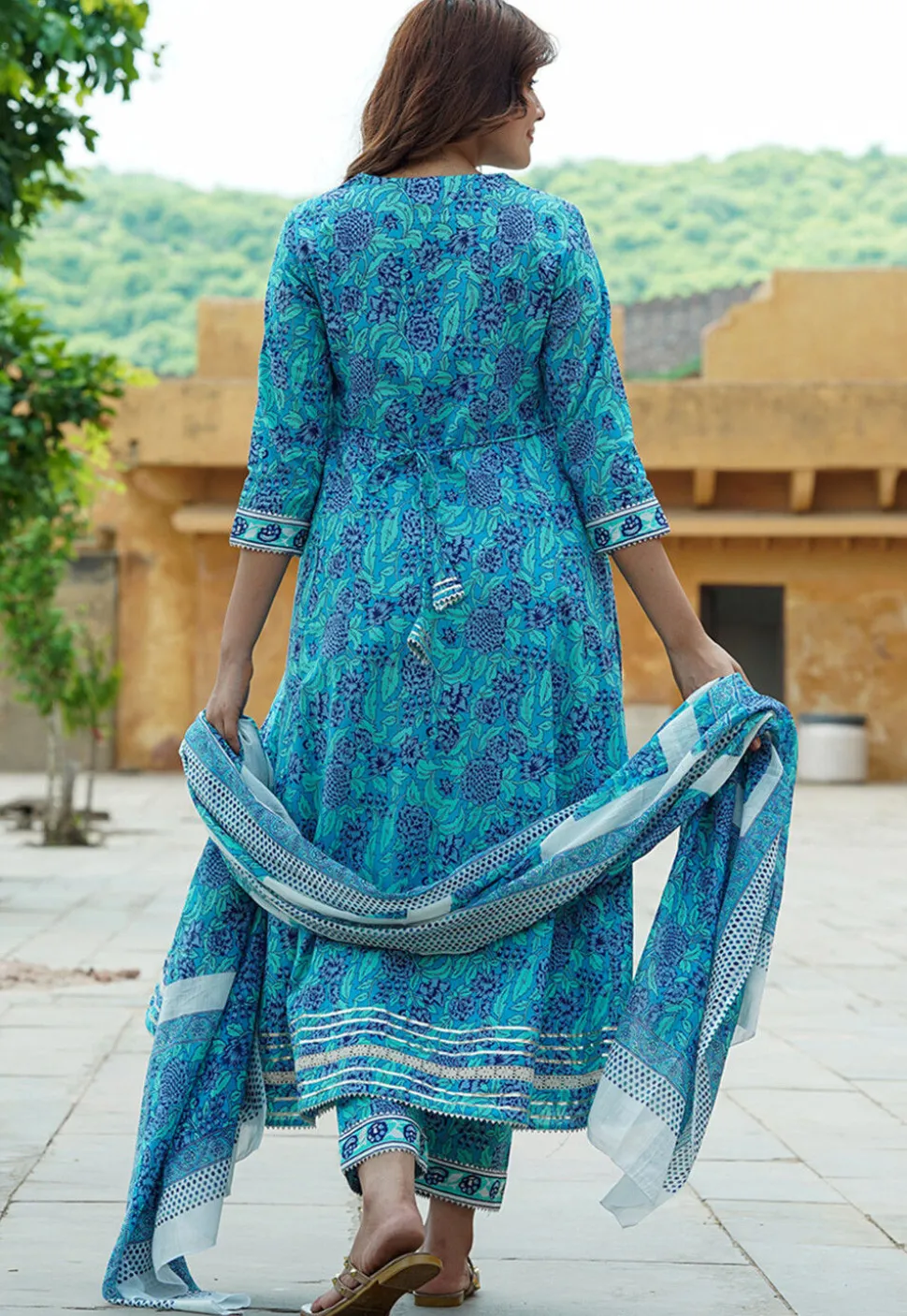 Printed Pure Cotton Aline Suit in Blue
