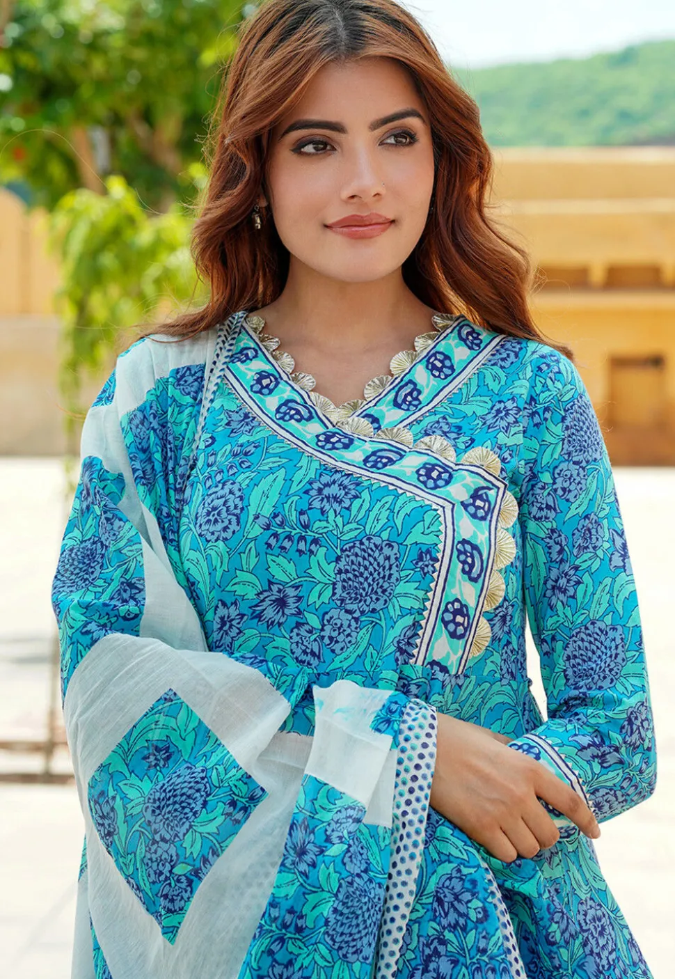 Printed Pure Cotton Aline Suit in Blue