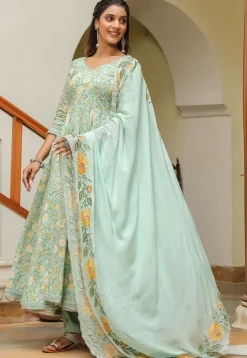Printed Pure Cotton Aline Suit in Pastel Green