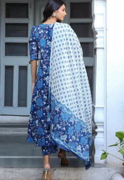 Printed Pure Cotton Aline Suit in Navy Blue