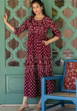Printed Pure Cotton Aline Dress in Wine