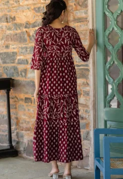 Printed Pure Cotton Aline Dress in Wine