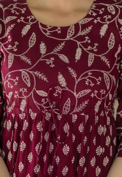 Printed Pure Cotton Aline Dress in Wine