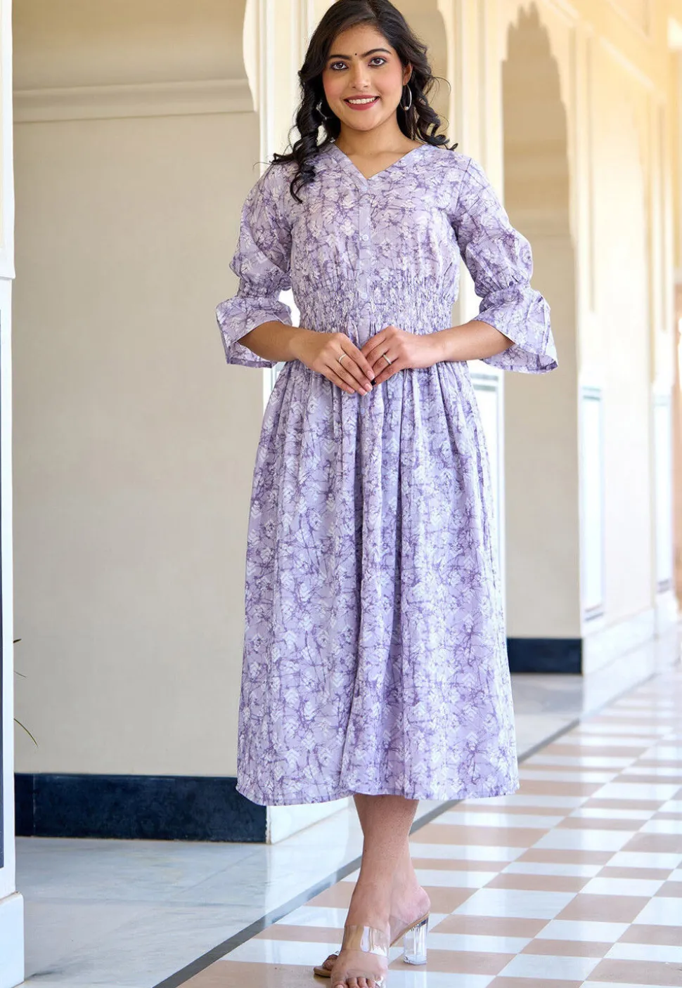 Printed Pure Cotton Aline Dress in Light Purple