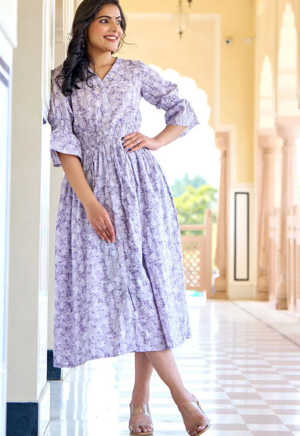 Printed Pure Cotton Aline Dress in Light Purple
