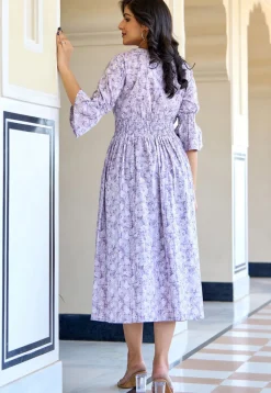 Printed Pure Cotton Aline Dress in Light Purple