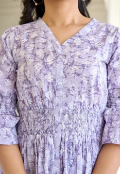 Printed Pure Cotton Aline Dress in Light Purple