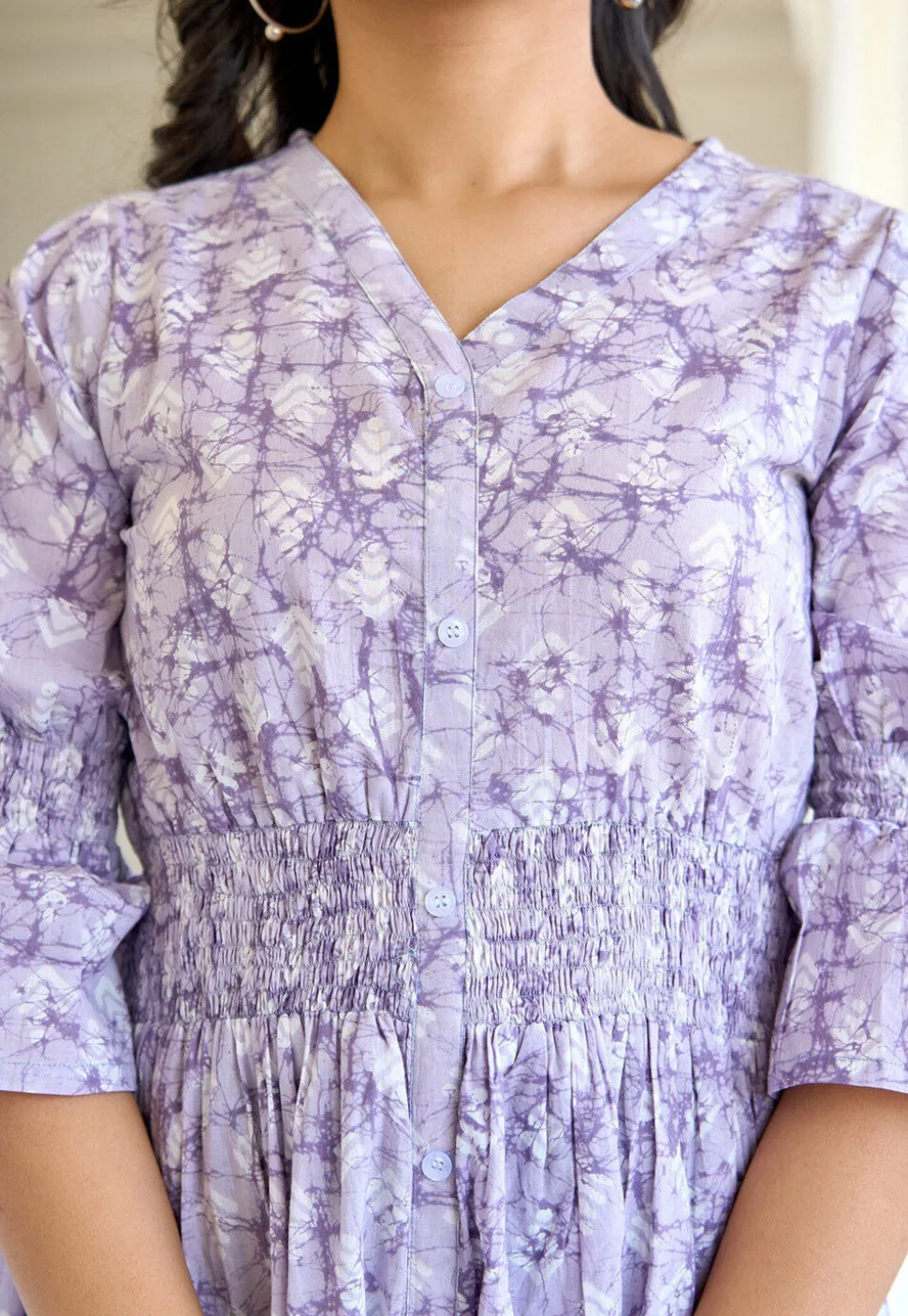 Printed Pure Cotton Aline Dress in Light Purple