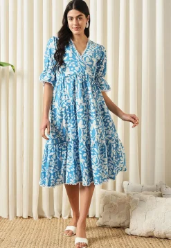 Printed Pure Cotton Aline Dress in Blue