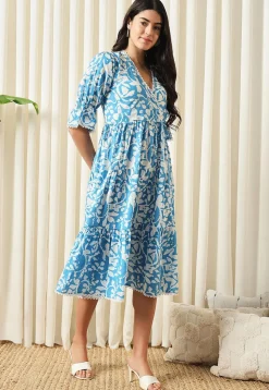 Printed Pure Cotton Aline Dress in Blue