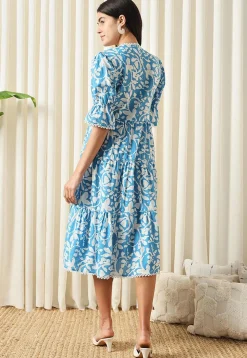 Printed Pure Cotton Aline Dress in Blue