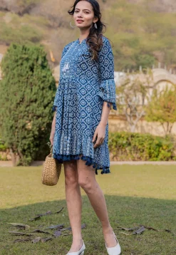 Printed Pure Cotton Aline Dress in Royal Blue
