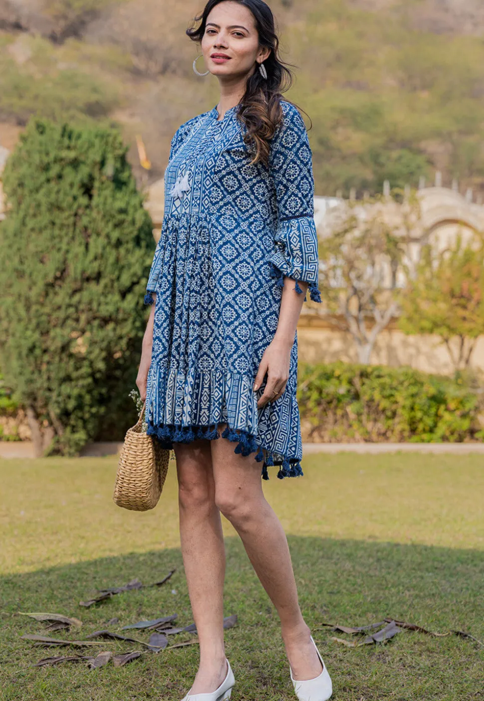 Printed Pure Cotton Aline Dress in Royal Blue