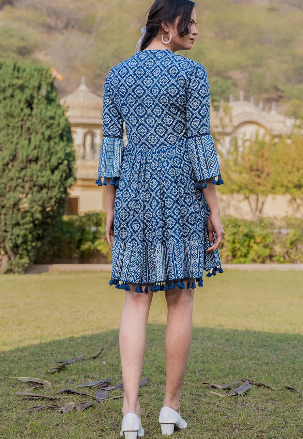Printed Pure Cotton Aline Dress in Royal Blue