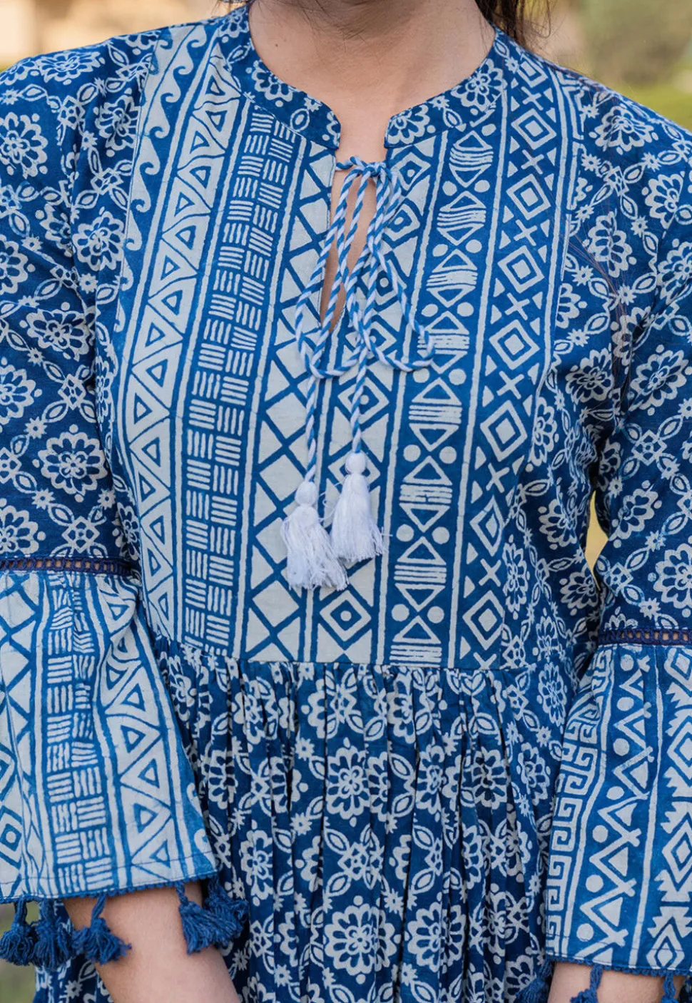 Printed Pure Cotton Aline Dress in Royal Blue