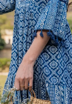 Printed Pure Cotton Aline Dress in Royal Blue