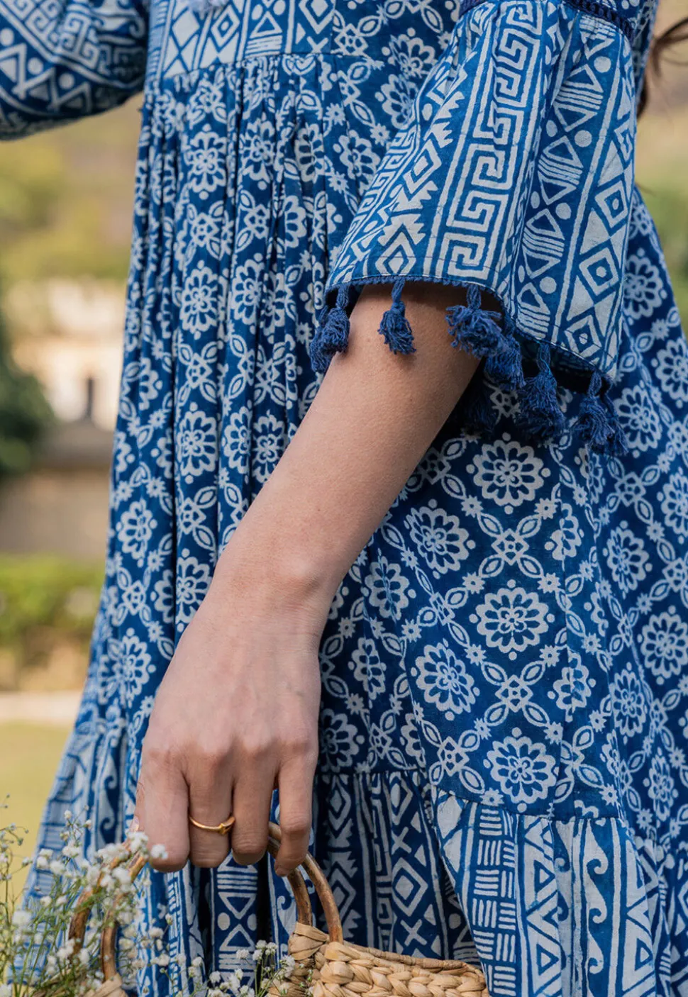 Printed Pure Cotton Aline Dress in Royal Blue