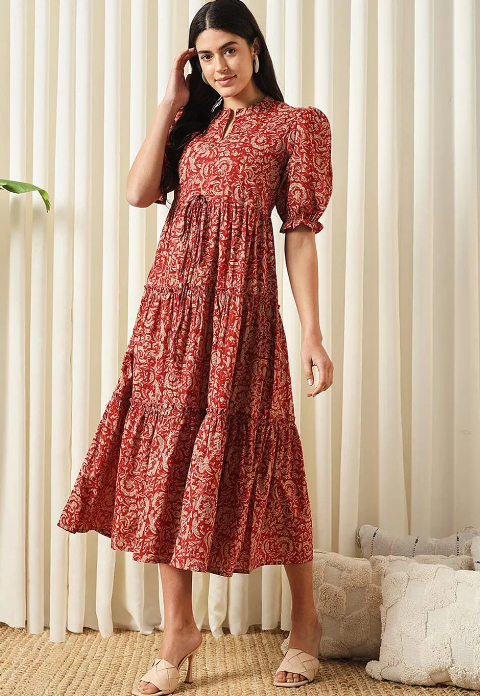 Printed Pure Cotton Aline Dress in Red