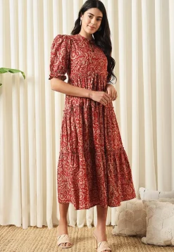 Printed Pure Cotton Aline Dress in Red