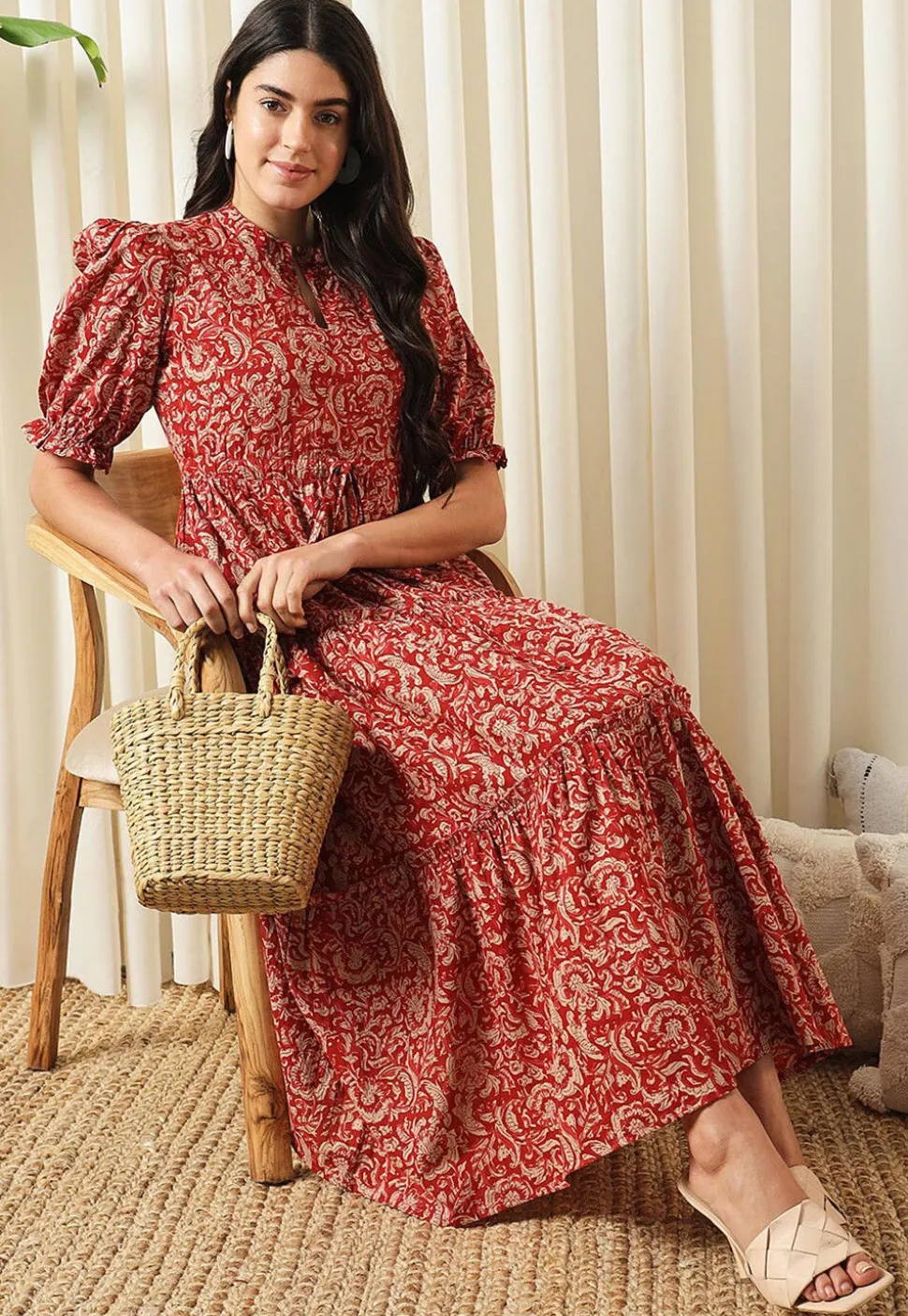 Printed Pure Cotton Aline Dress in Red