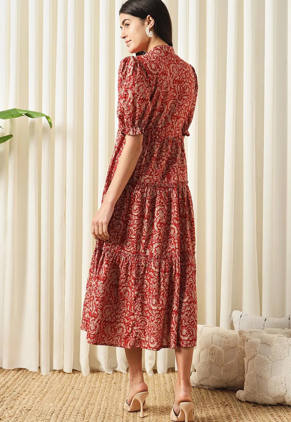 Printed Pure Cotton Aline Dress in Red