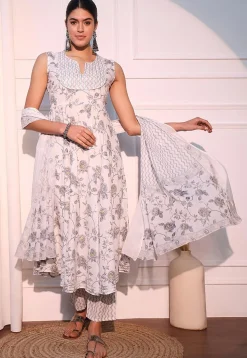 Printed Pure Cotton Aline Suit in Off White
