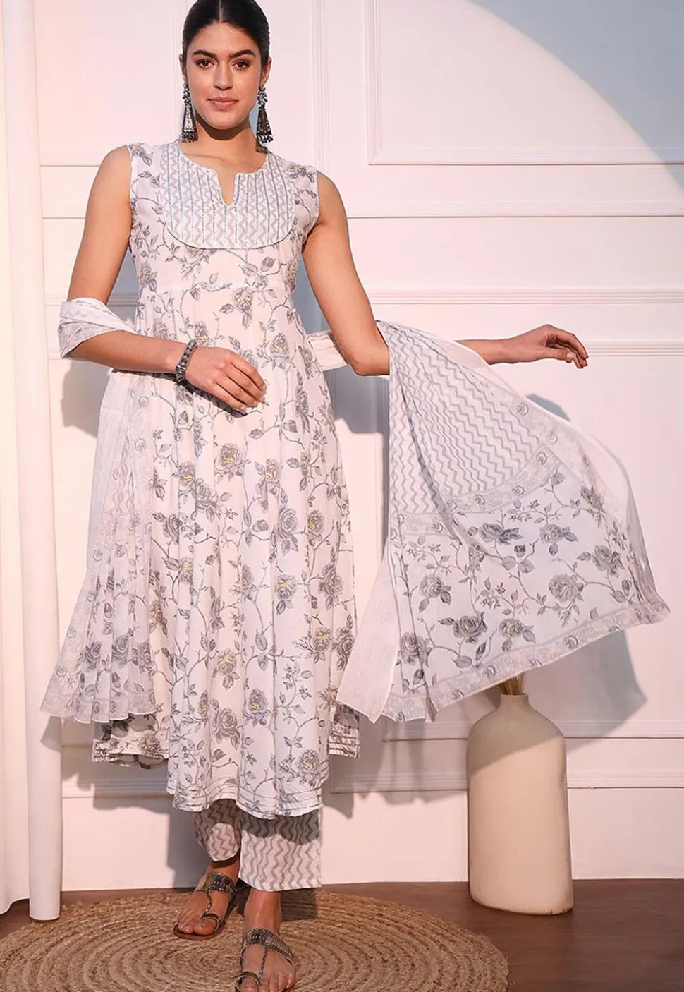 Printed Pure Cotton Aline Suit in Off White