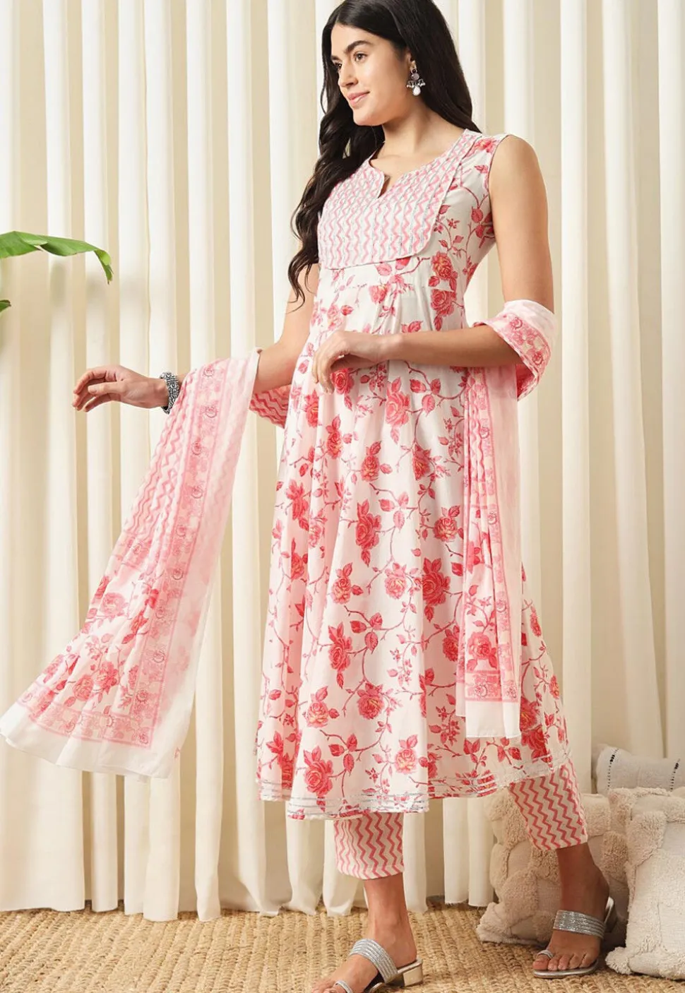 Printed Pure Cotton Aline Suit in White and Red