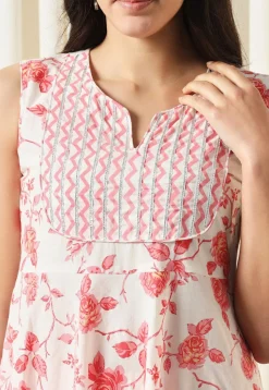Printed Pure Cotton Aline Suit in White and Red