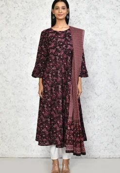 Printed Pure Cotton Aline Suit in Wine