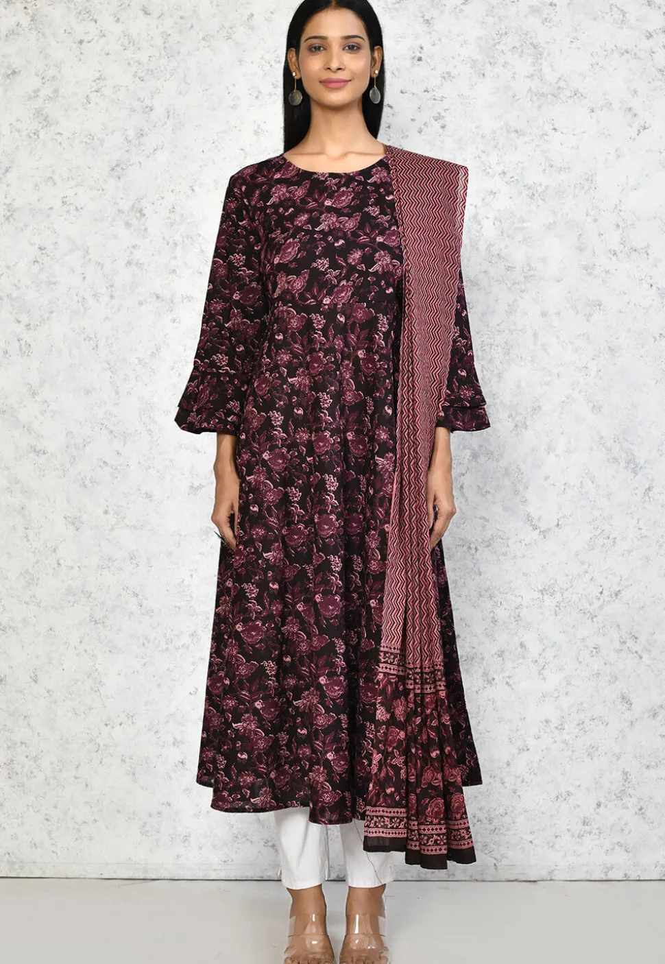 Printed Pure Cotton Aline Suit in Wine