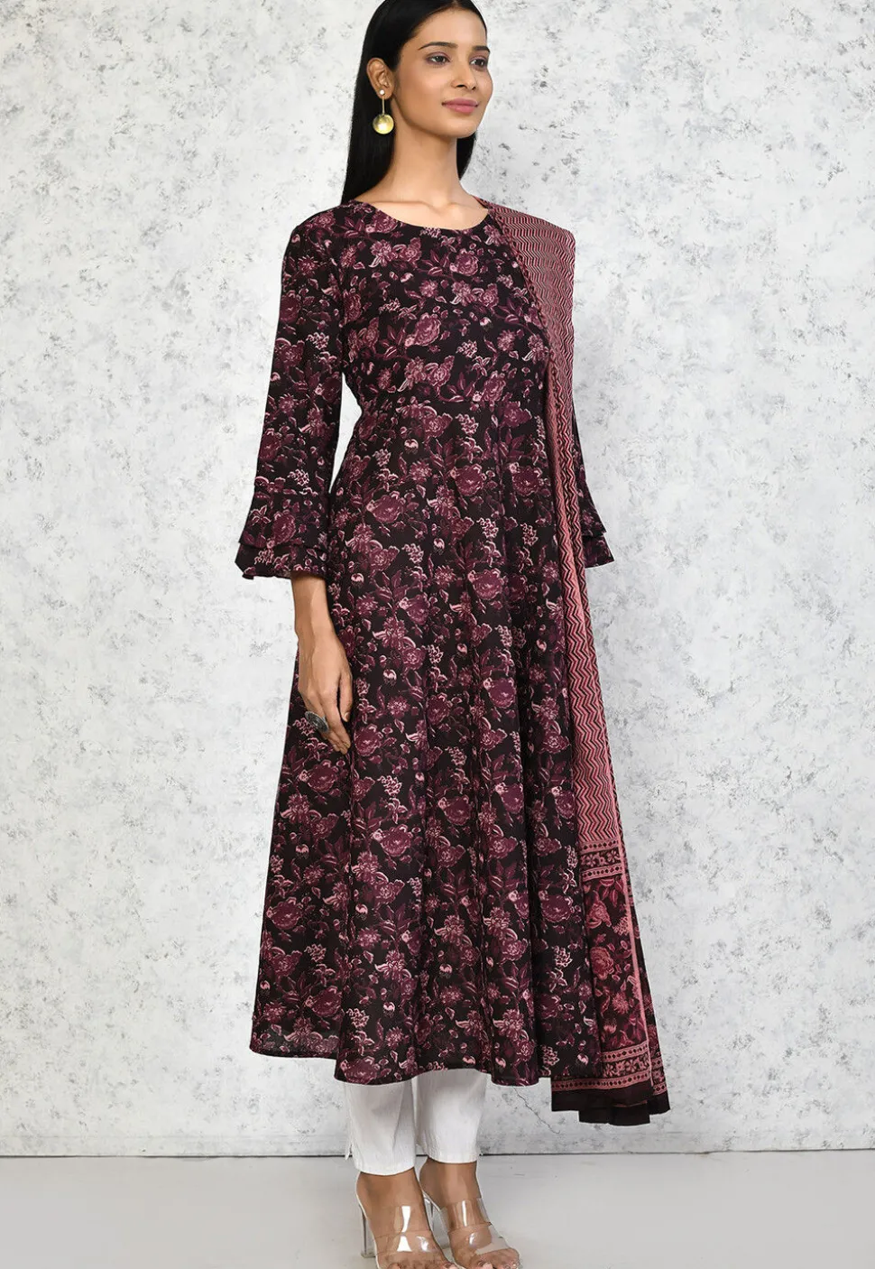 Printed Pure Cotton Aline Suit in Wine